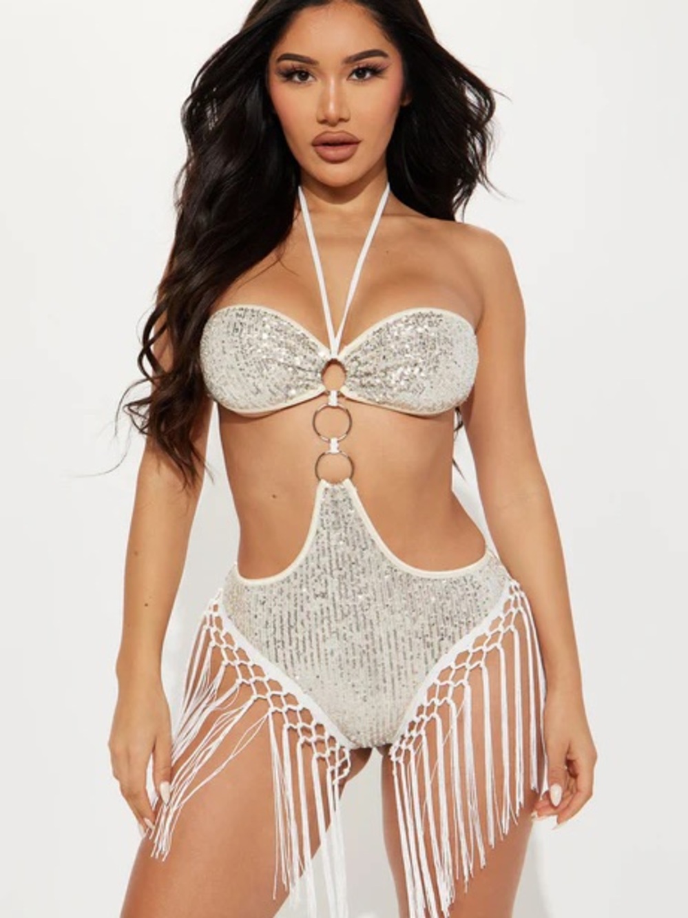 NWT Fashion Nova Champagne Sequin Fringe Bodysuit